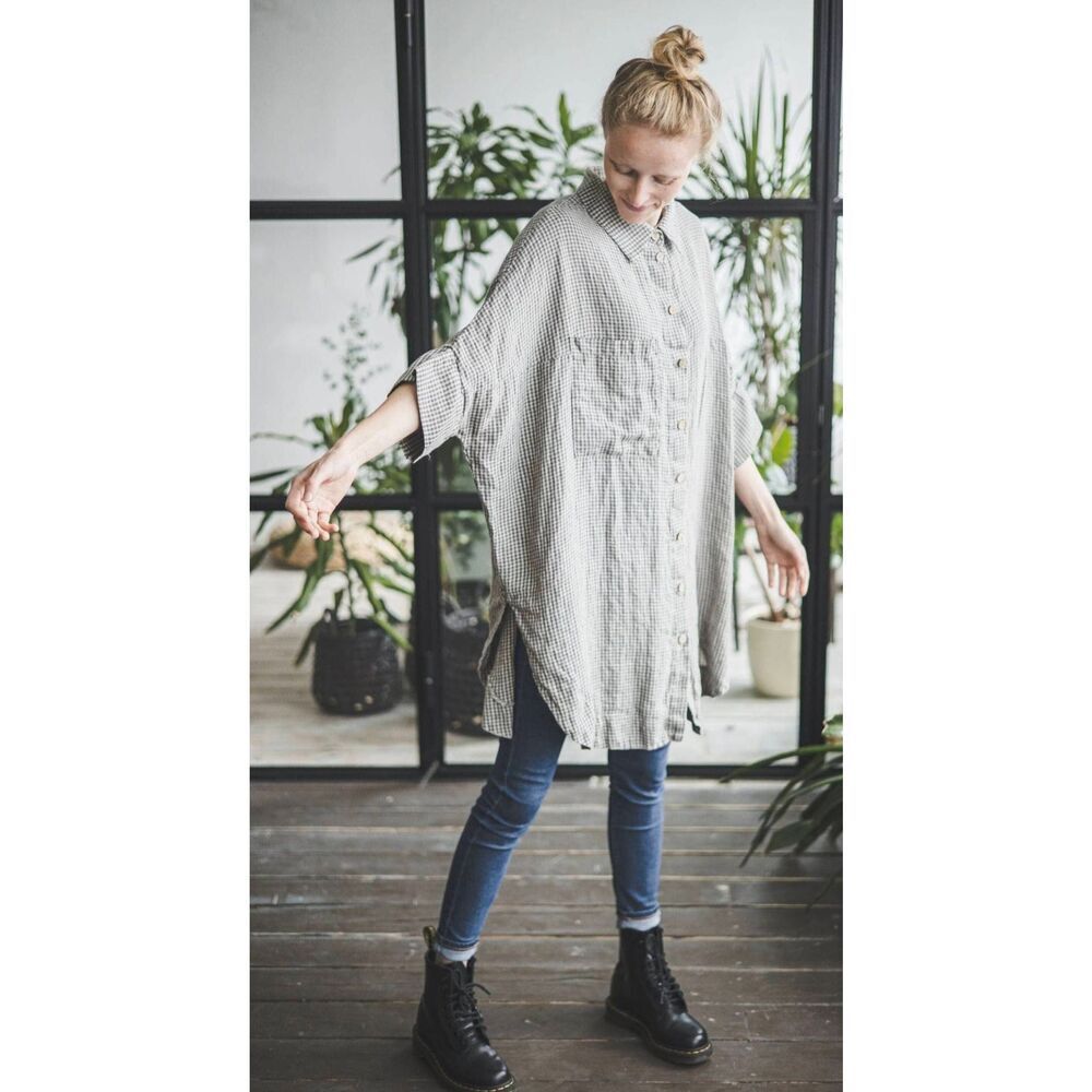 Old Linen Mill Grey Checks Plaid Oversized Tunic Top Designer Luxury Minimalist